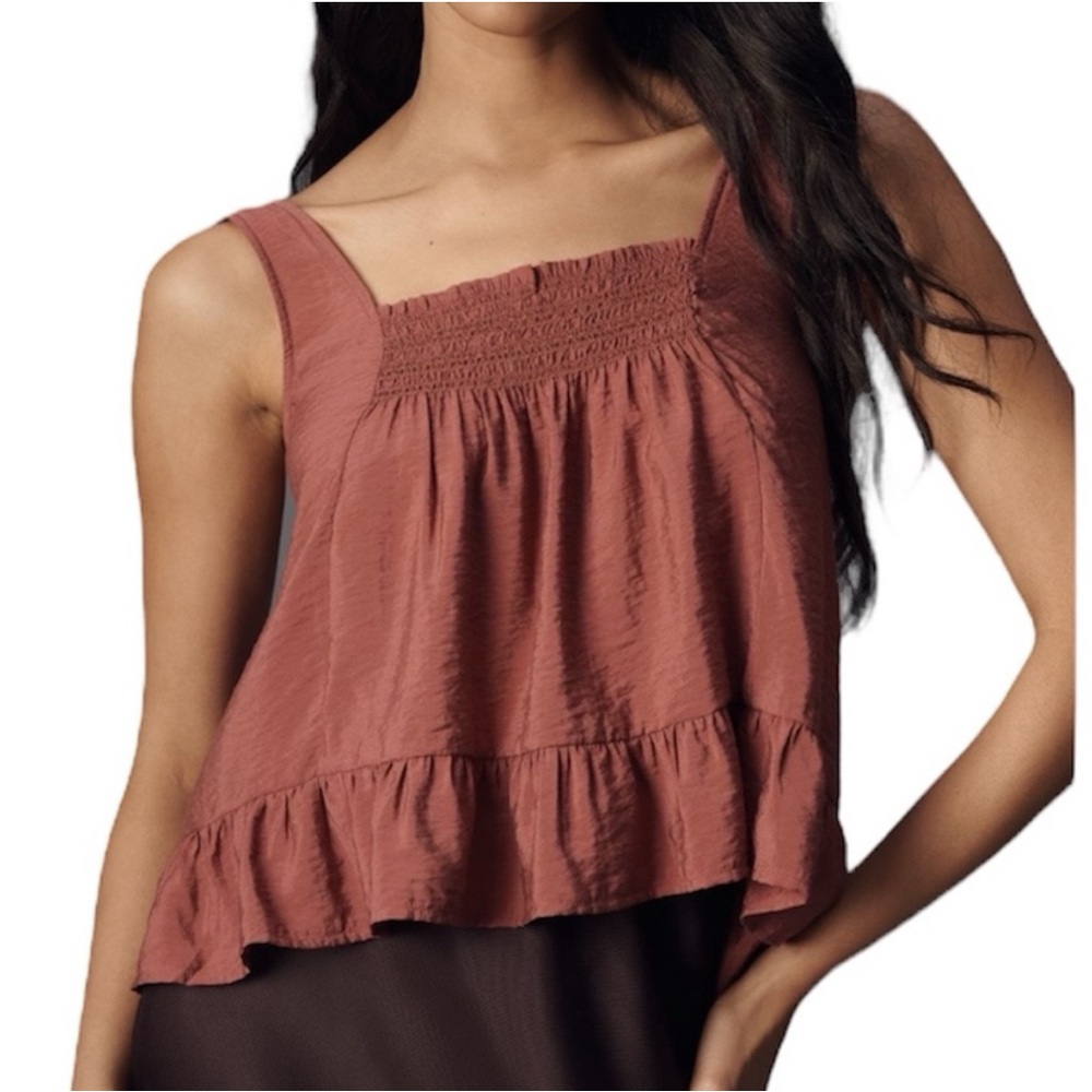 Anthropologie Maeve Smocked Ruffle-hem Swing Tank, Mauve